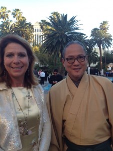 Elaine Harris, Cuisineist Editor-In-Chief and Iron Chef Masaharu Morimoto  Poolside at the Mirage Resort  Las Vegas 