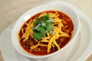 Red Bean Chili Bowl made with red bean chili mix, cilantro leaves, onions and cheddar cheese (260 calories) 