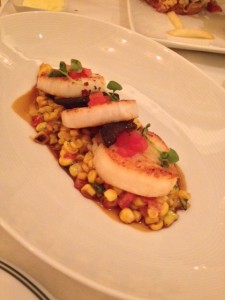 Maine Sea Scallops with sweet corn, king trumpets, tomato and jalapeño 