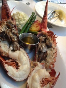 1 1/2 pound Lobster with asparagus spears, creamy mashed potatoes rich butter