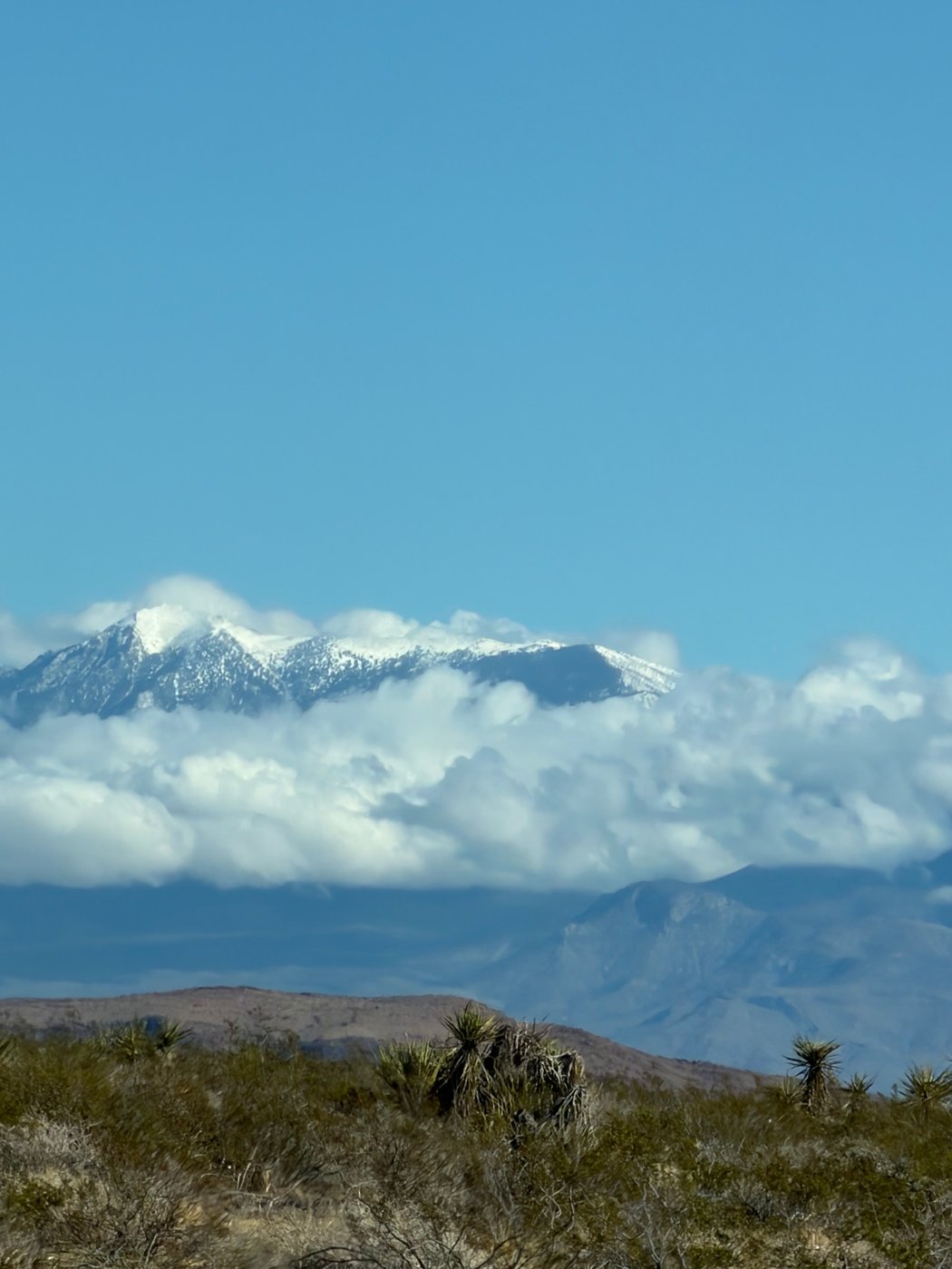 Snow on the high peaks above the clouds, on the drive back toward Las Vegas.